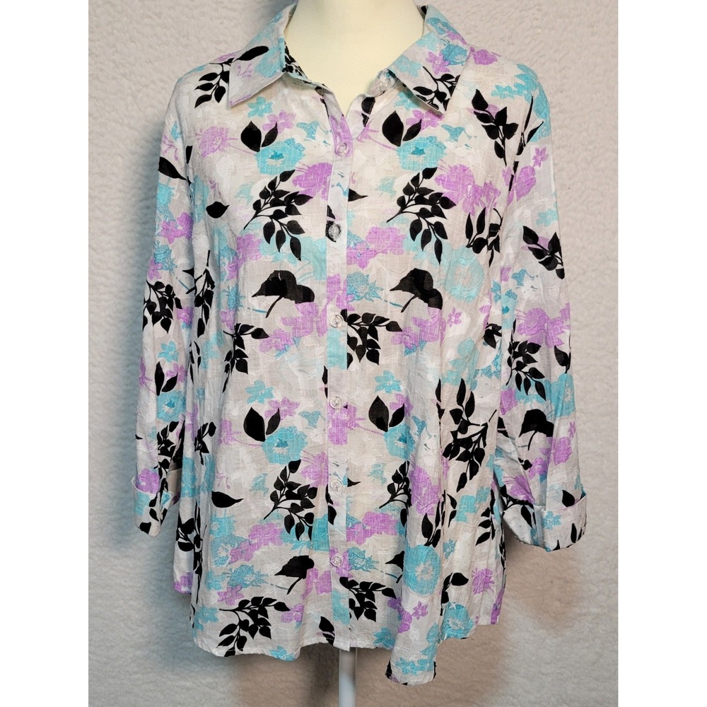 Breckenridge Women's 3/4 Sleeve Blouse Top Sz XL Floral Button Lightweight 1882